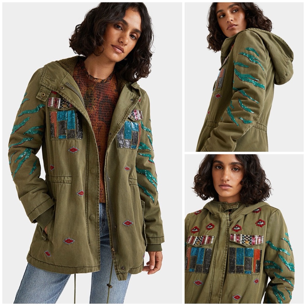 DESIGUAL ~ FLIX 2 in 1 Parka Military jacket with ethno embroidery and sequins